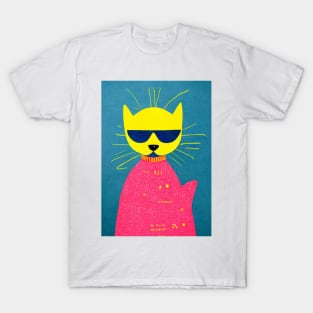 Hangover Mood Cat Retro Poster Vintage Art Cat Wall Turquoise Pink Illustration T-Shirt